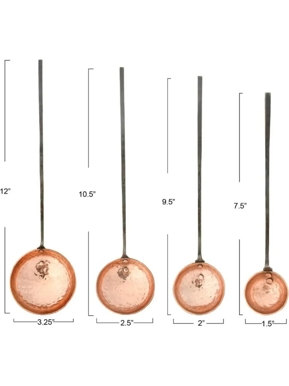 Farmhouse Textured Copper Ladles Set of 4 with Metal Handles & Drawstring Bag
